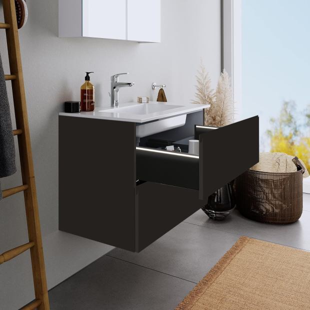 LED 2 Drawer Wall Hung Vanity Unit With Minimalist Basin - Handleless Anthracite Gloss