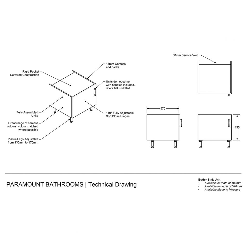 Kitchen Butler Sink Base Unit 600mm - Selborne - Paramount Bathrooms
