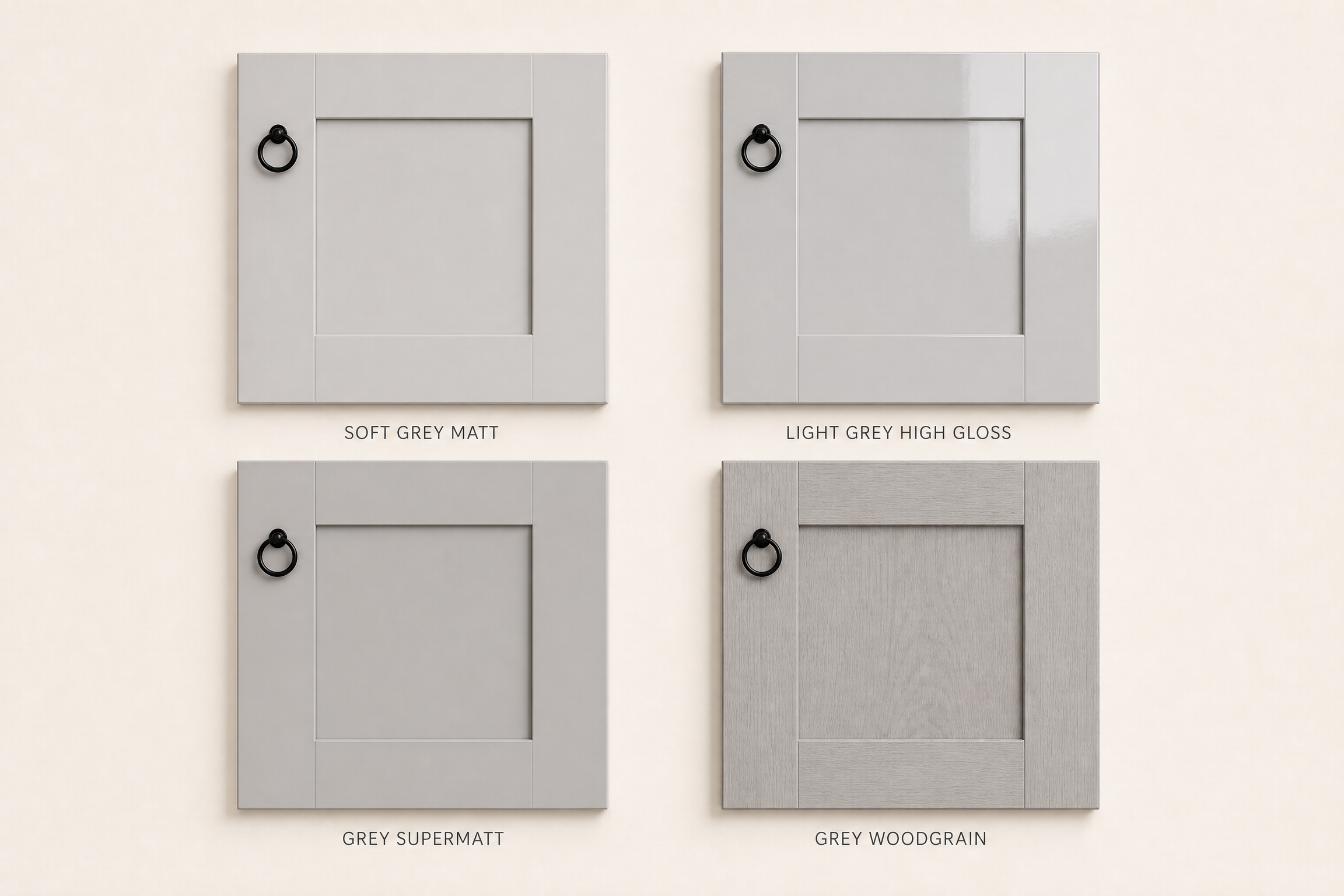 Grey shaker bathroom cabinet door samples showing matt, gloss, supermatt and woodgrain finishes