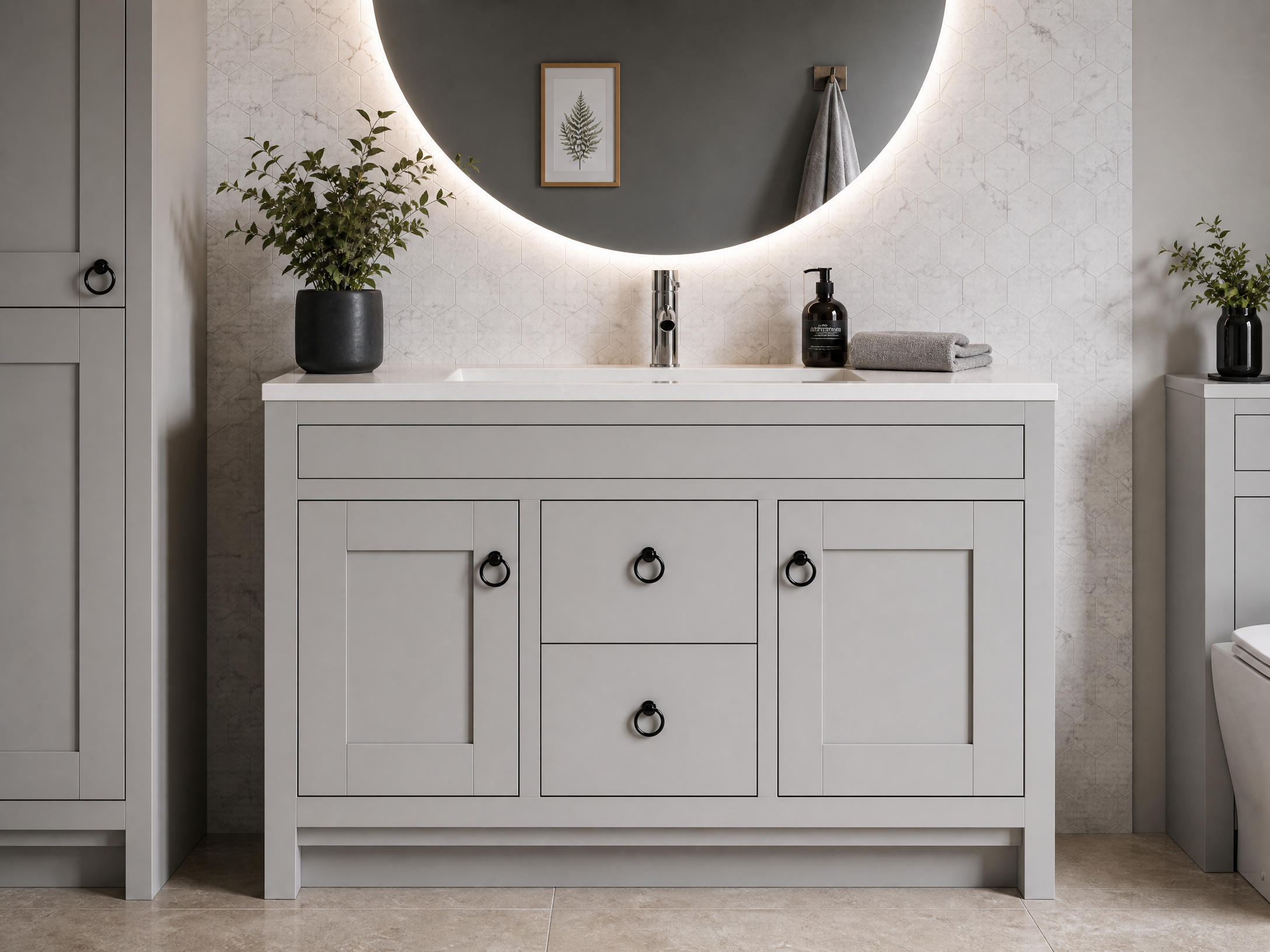 Grey shaker bathroom vanity unit with white basin and round LED mirror