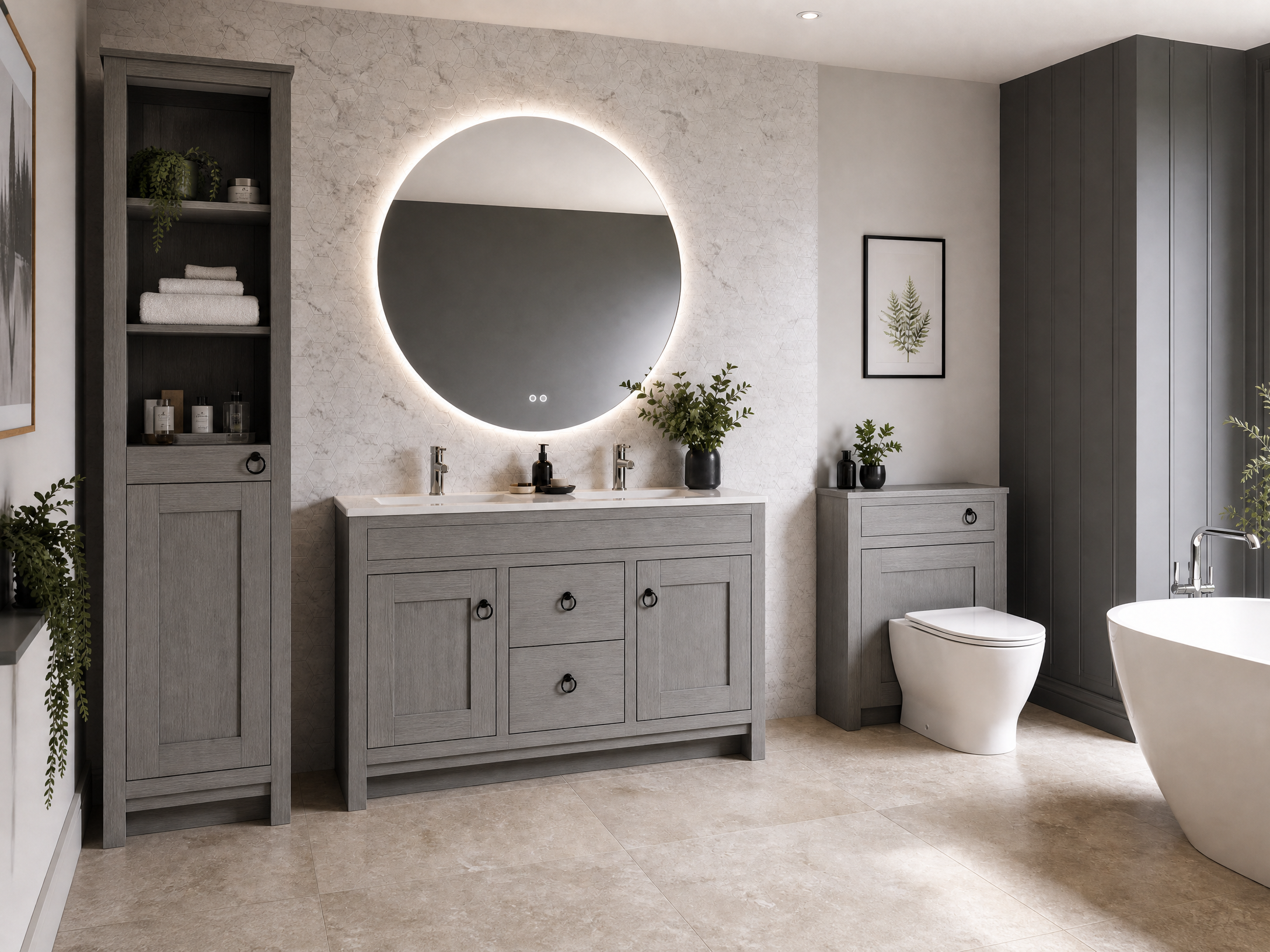 Grey woodgrain shaker bathroom cabinet finish