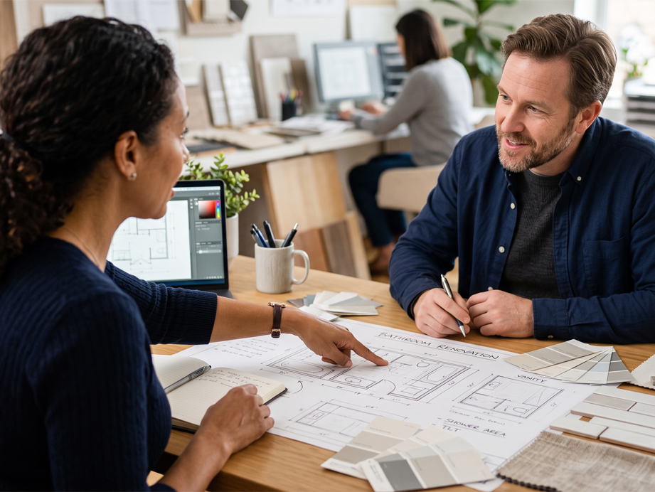 Customer discussing room plans and inspiration with a designer