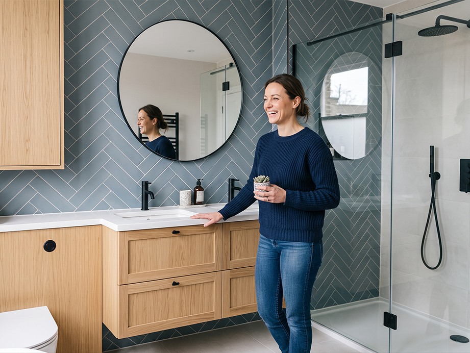 Customer viewing their finished bathroom installation
