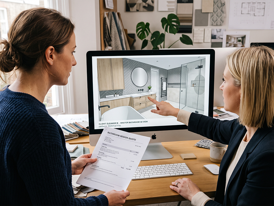 Designer presenting a room plan and quote on screen