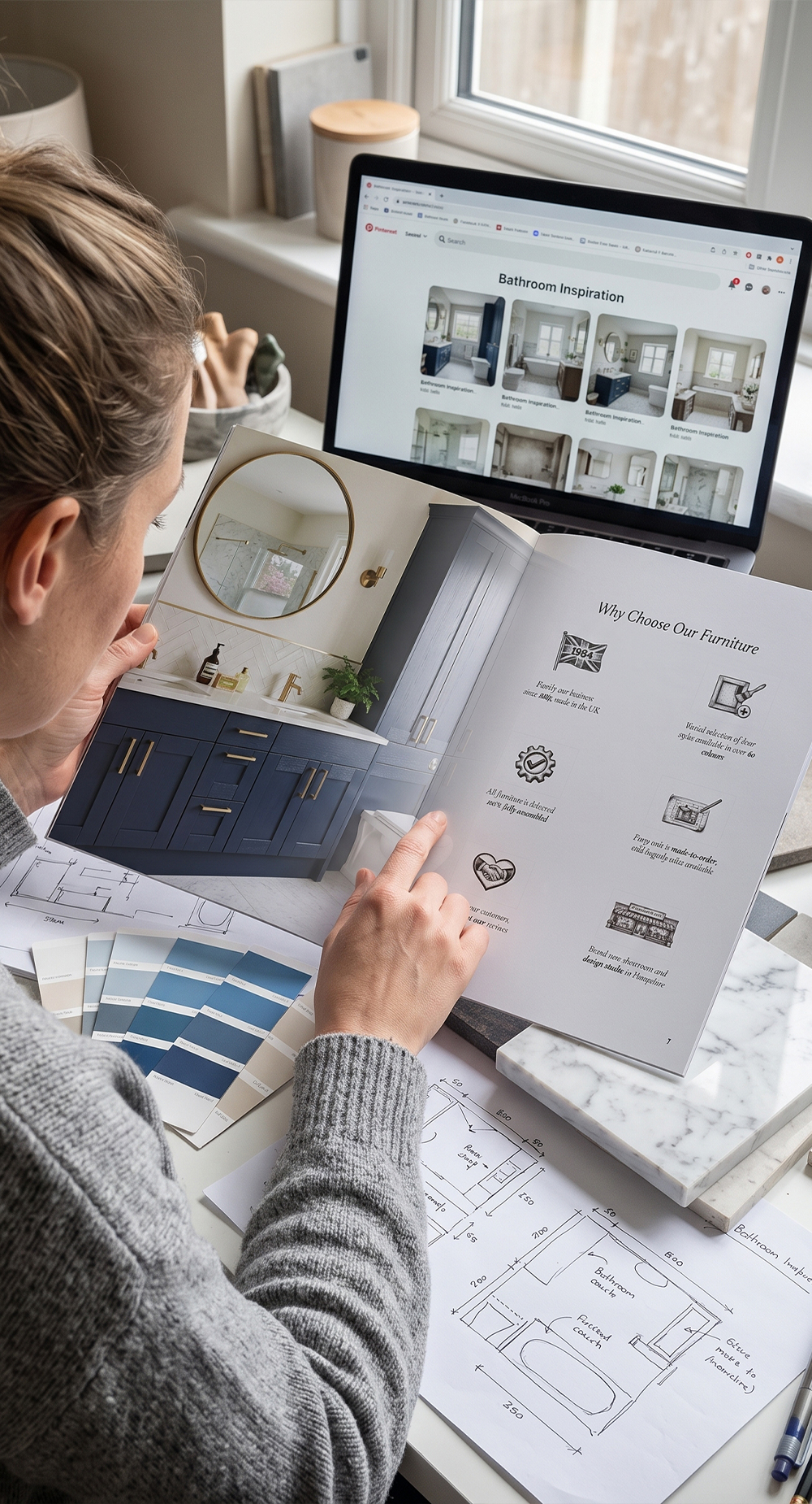 Person reading a Paramount bathroom brochure