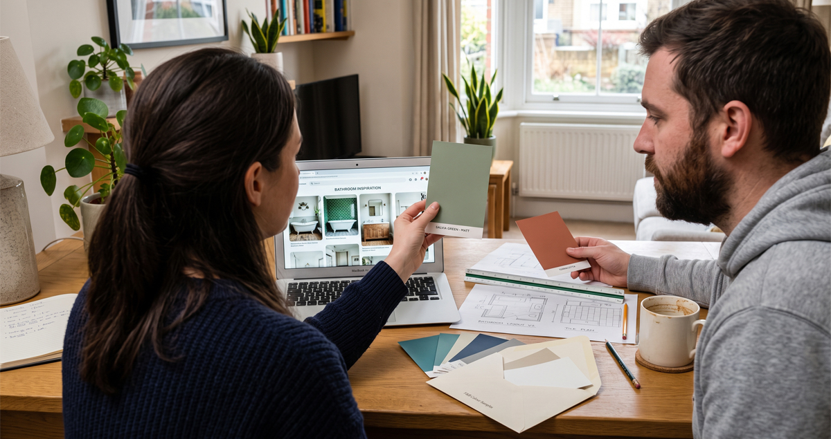 A couple choosing bathroom door and worktop samples at home