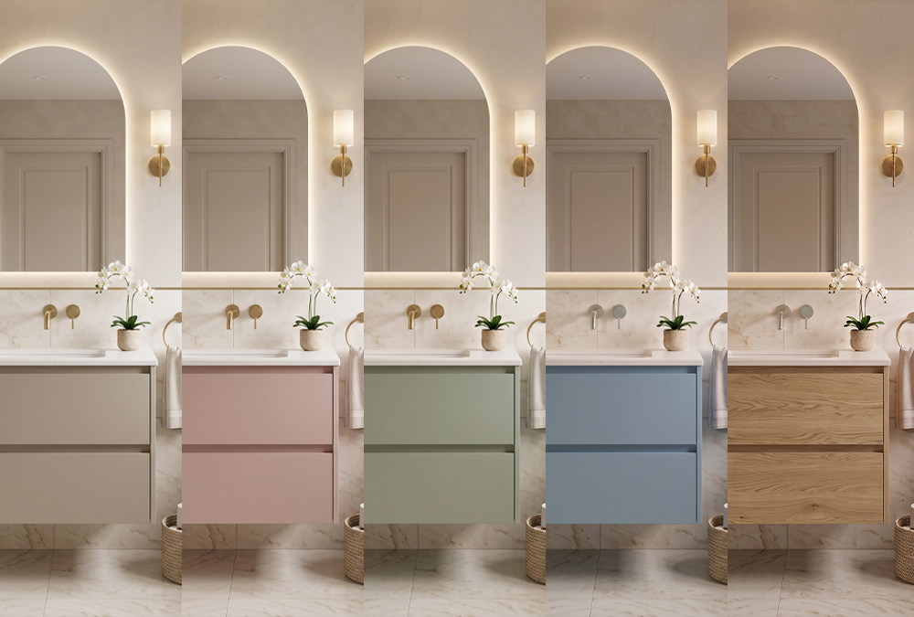 Five bathroom cabinets shown in different colours and finishes