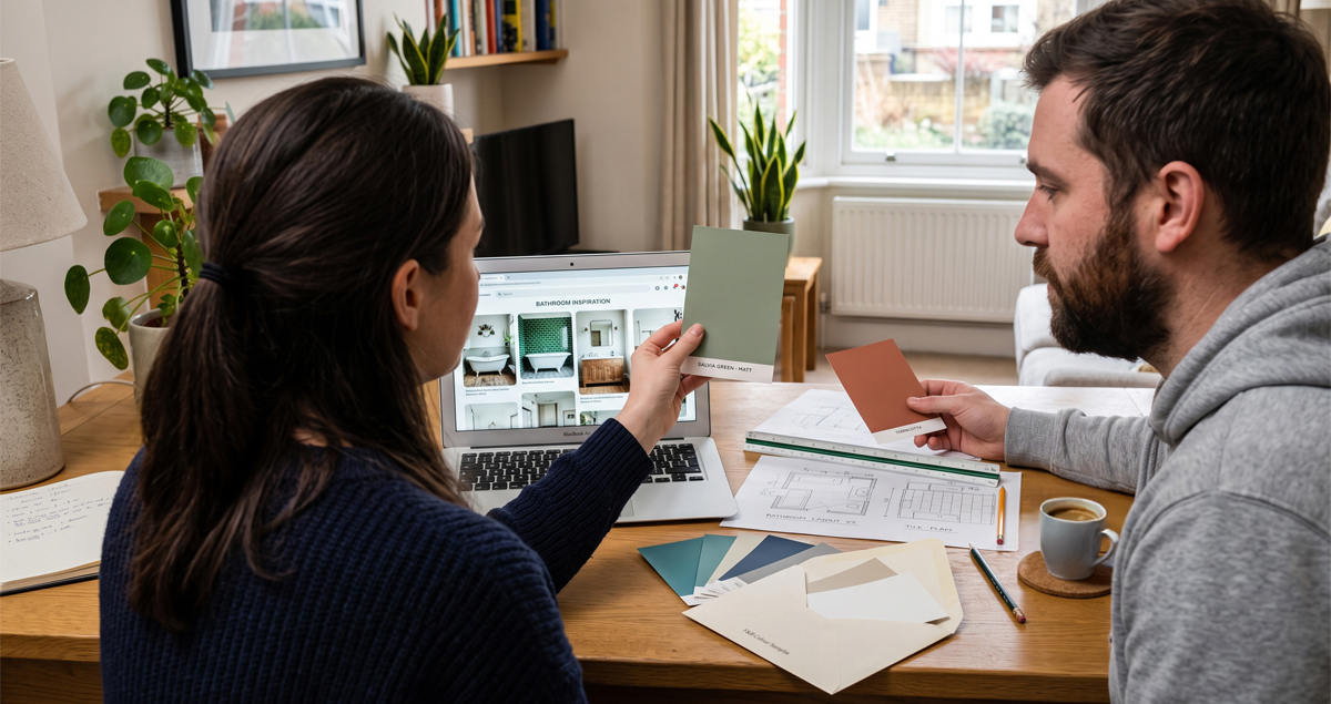 A couple choosing bathroom door and worktop samples at home