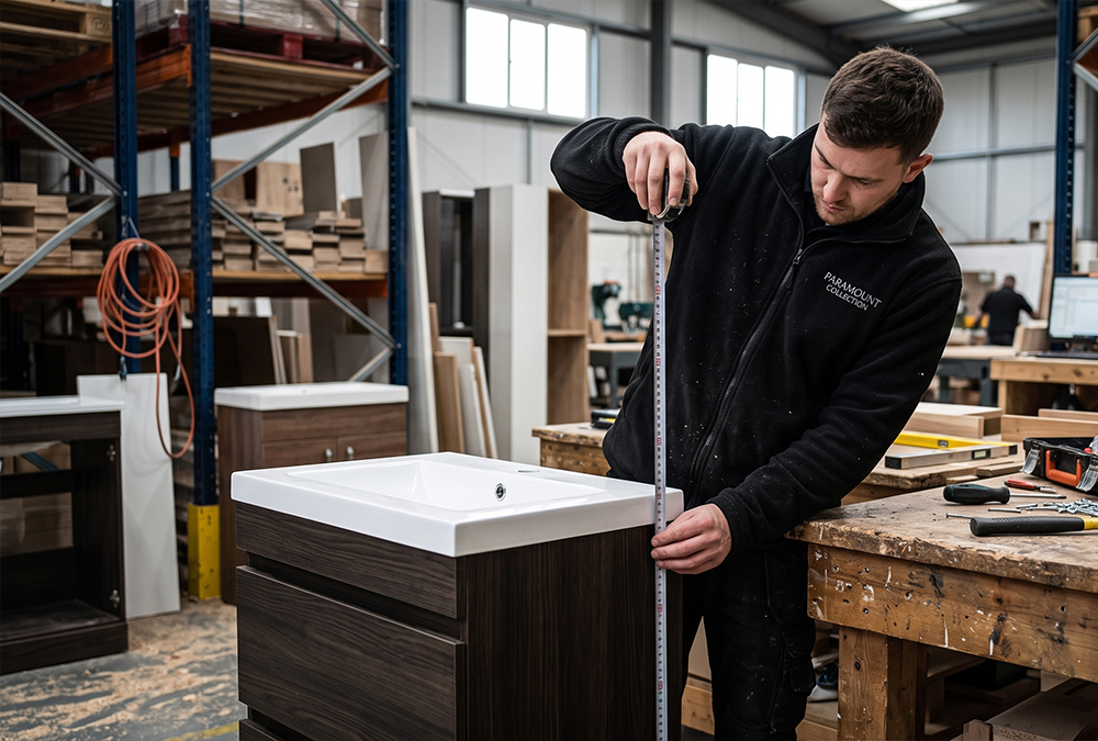 Paramount Collection craftsperson measuring a bathroom cabinet in the workshop