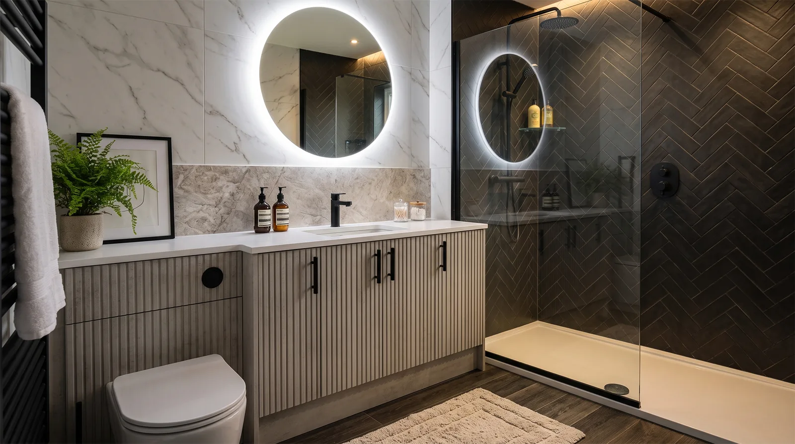 Brockenhurst Concrete bathroom with a fitted vanity and shower
