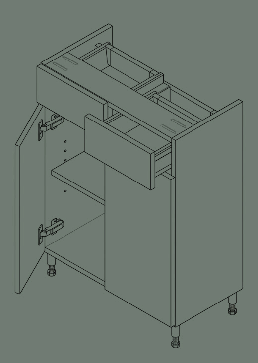 Technical illustration of an open cabinet showing carcass panels, drawer, hinged door, shelf and adjustable legs