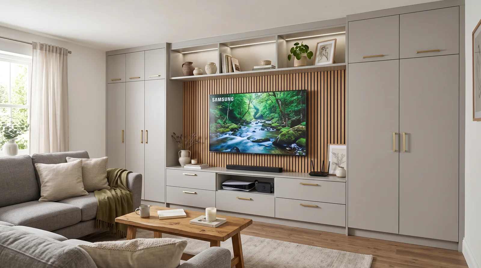 Meon media wall with fitted storage and shelving