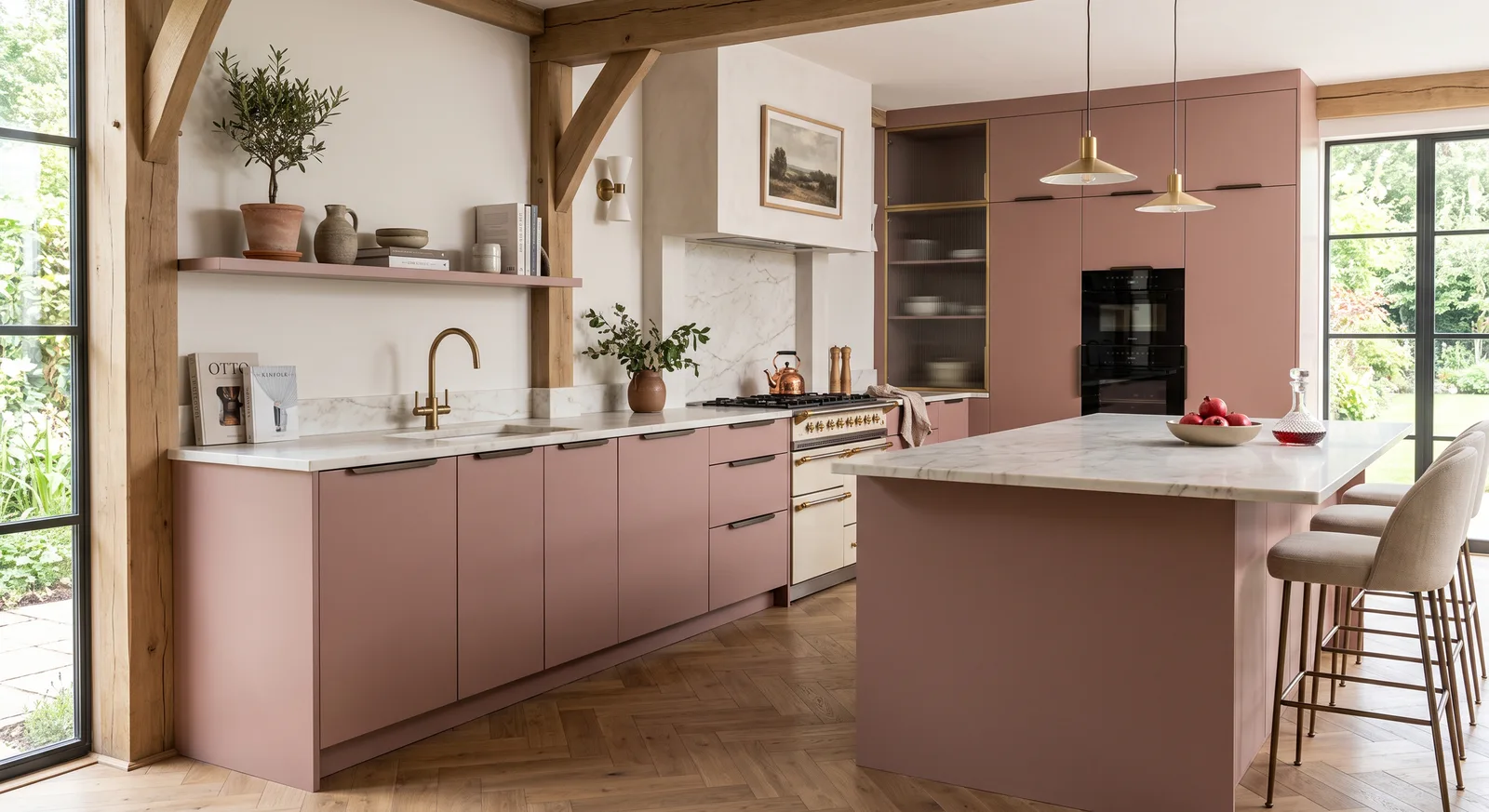 Pink kitchen with fitted cabinetry and an island