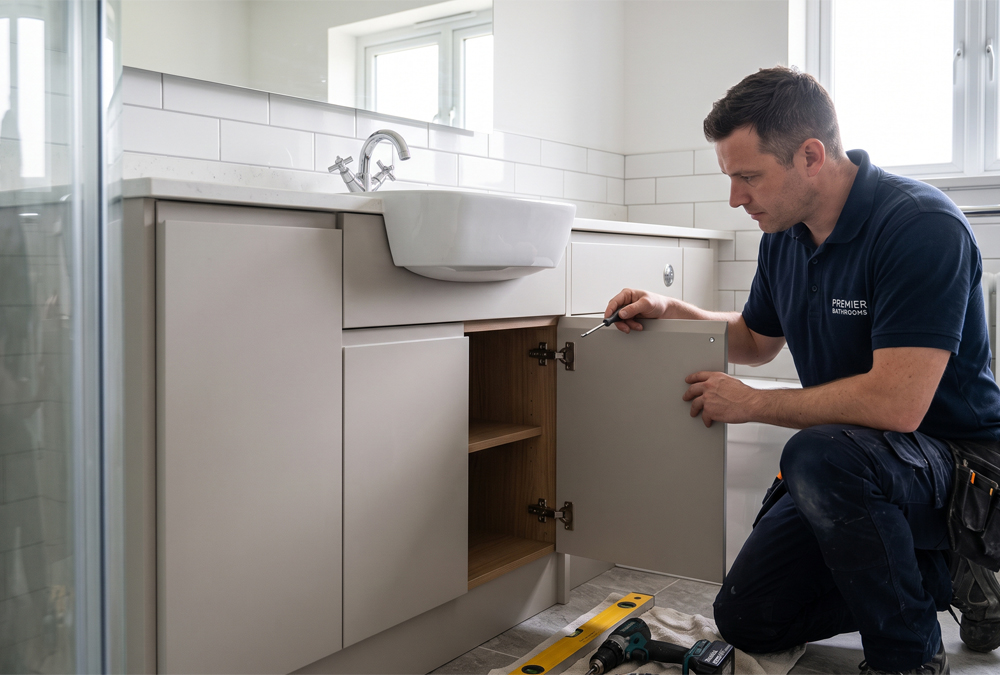 Fitter checking the hinges on a bathroom cabinet