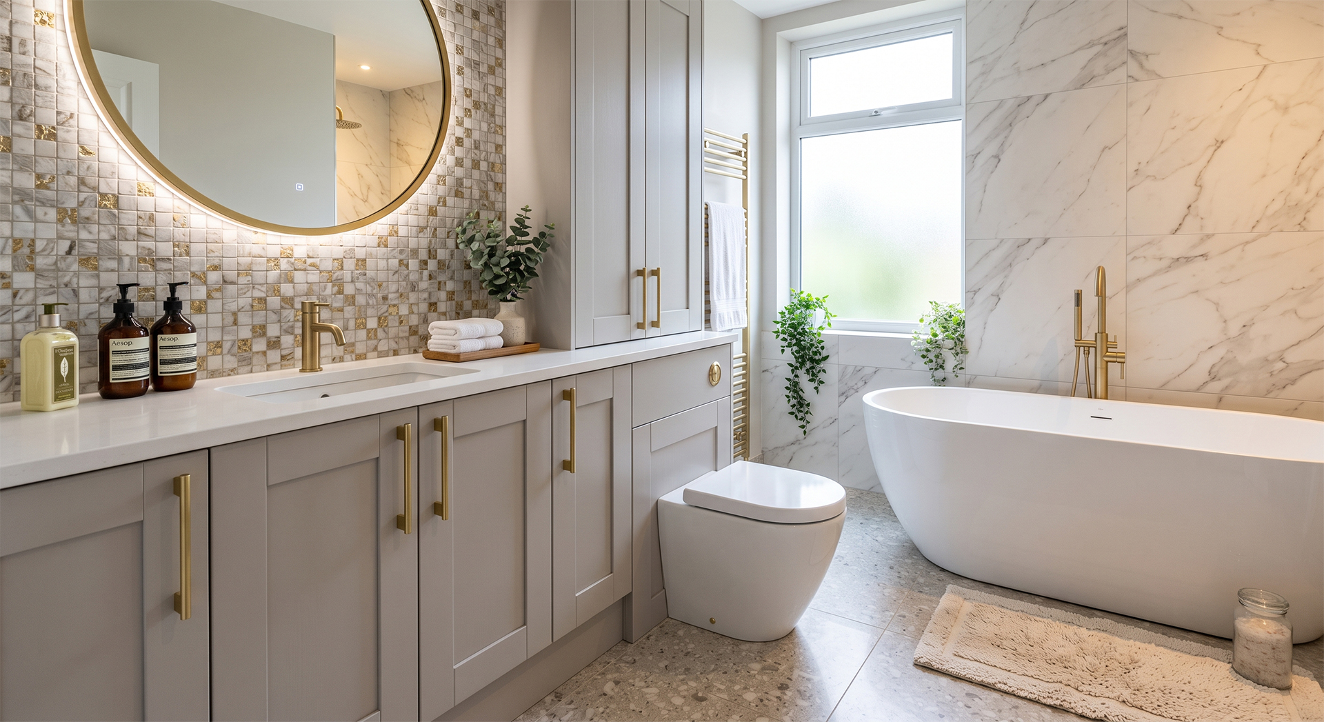 Cambridge Grey bathroom with fitted vanity, round mirror, and freestanding bath