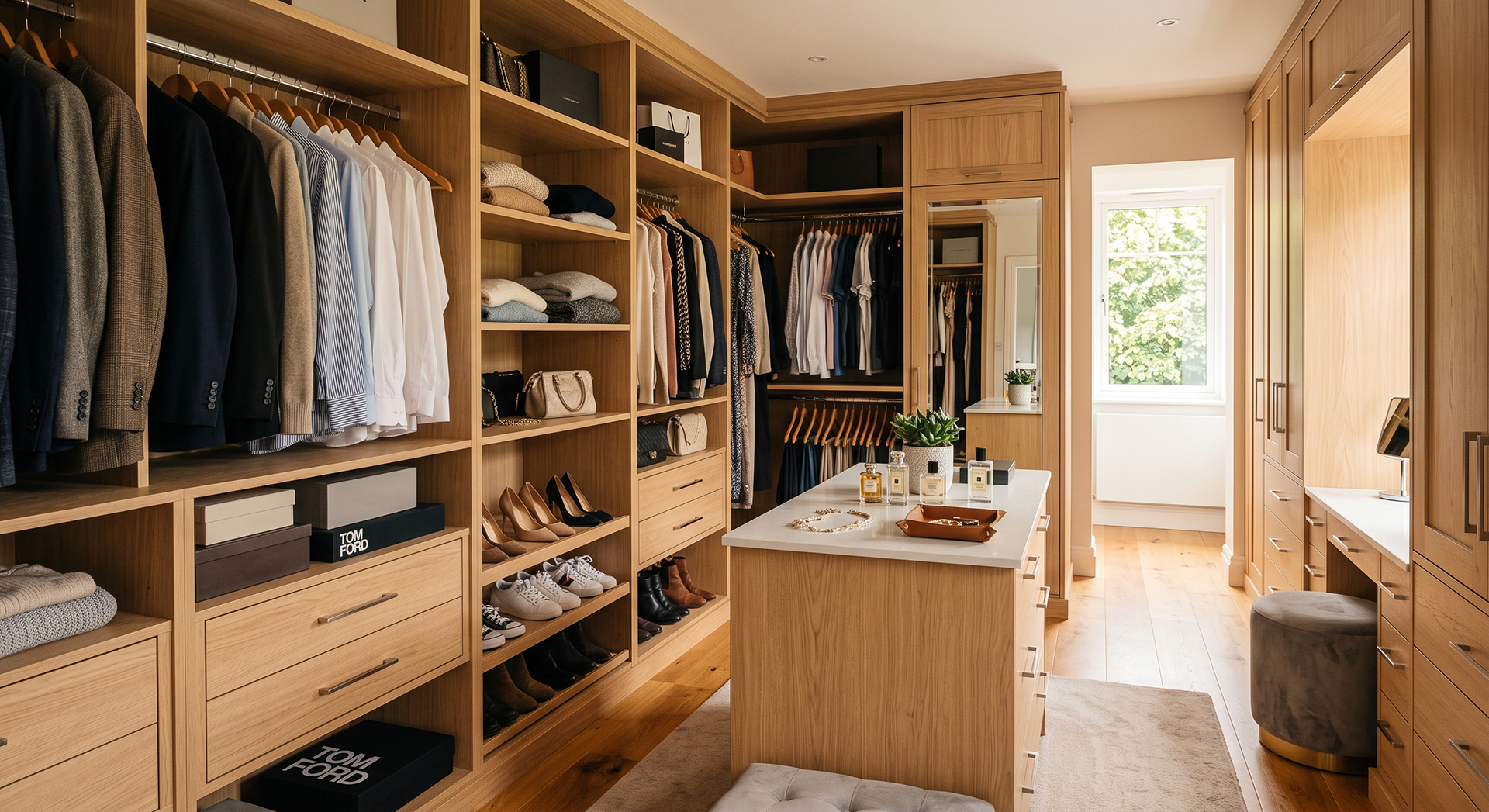 Walk-in wardrobe with fitted oak shelving, hanging rails, drawers, and an island