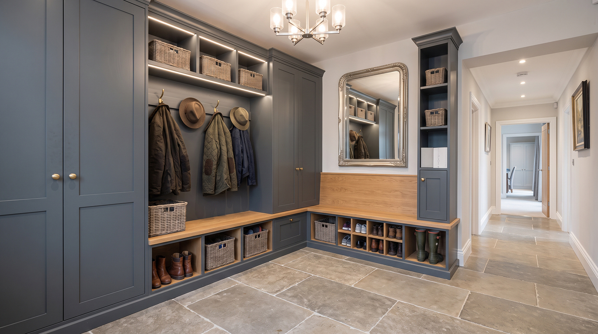 Boot room with fitted charcoal cabinetry, coat hooks, bench seating, and shoe storage