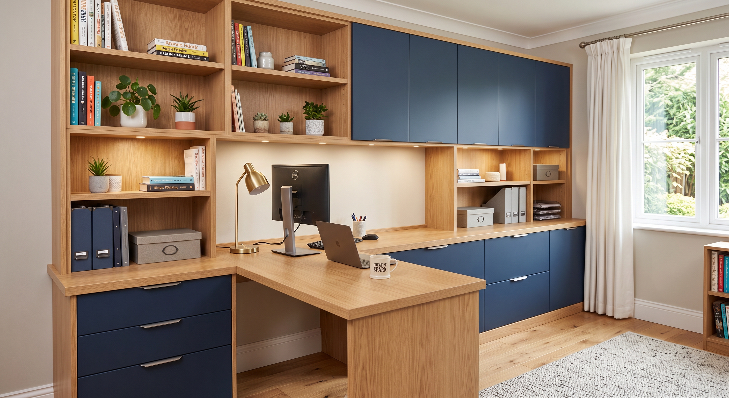 Home office with fitted wood shelving, navy cabinets, and a built-in desk