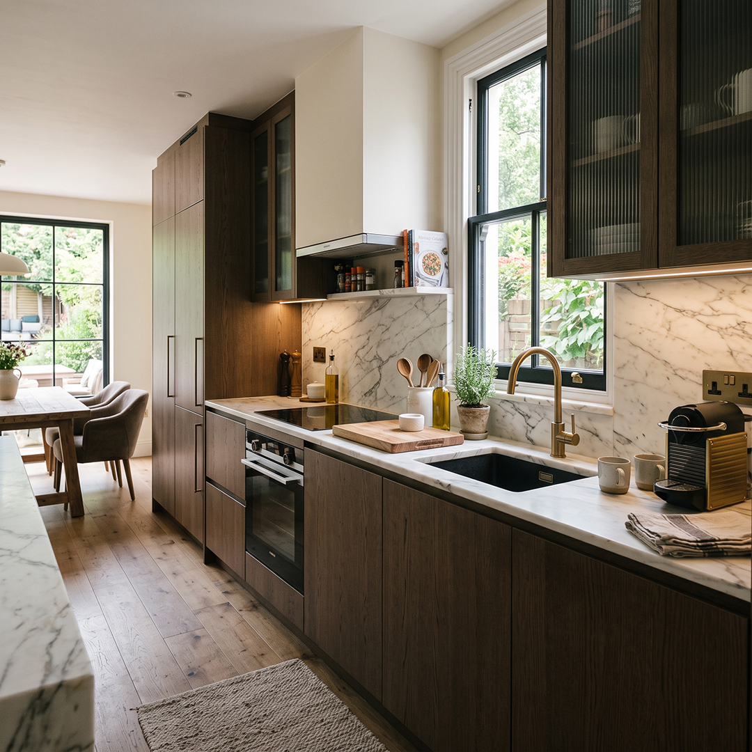 Kitchen with dark wood fitted cabinets, marble-look worktops, and a sink beneath the window