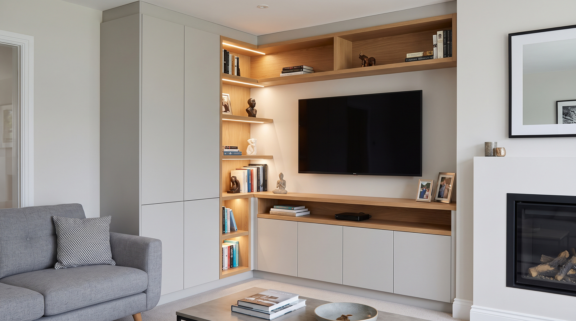 Media wall with fitted pale cabinets, oak shelving, warm lighting, and a television