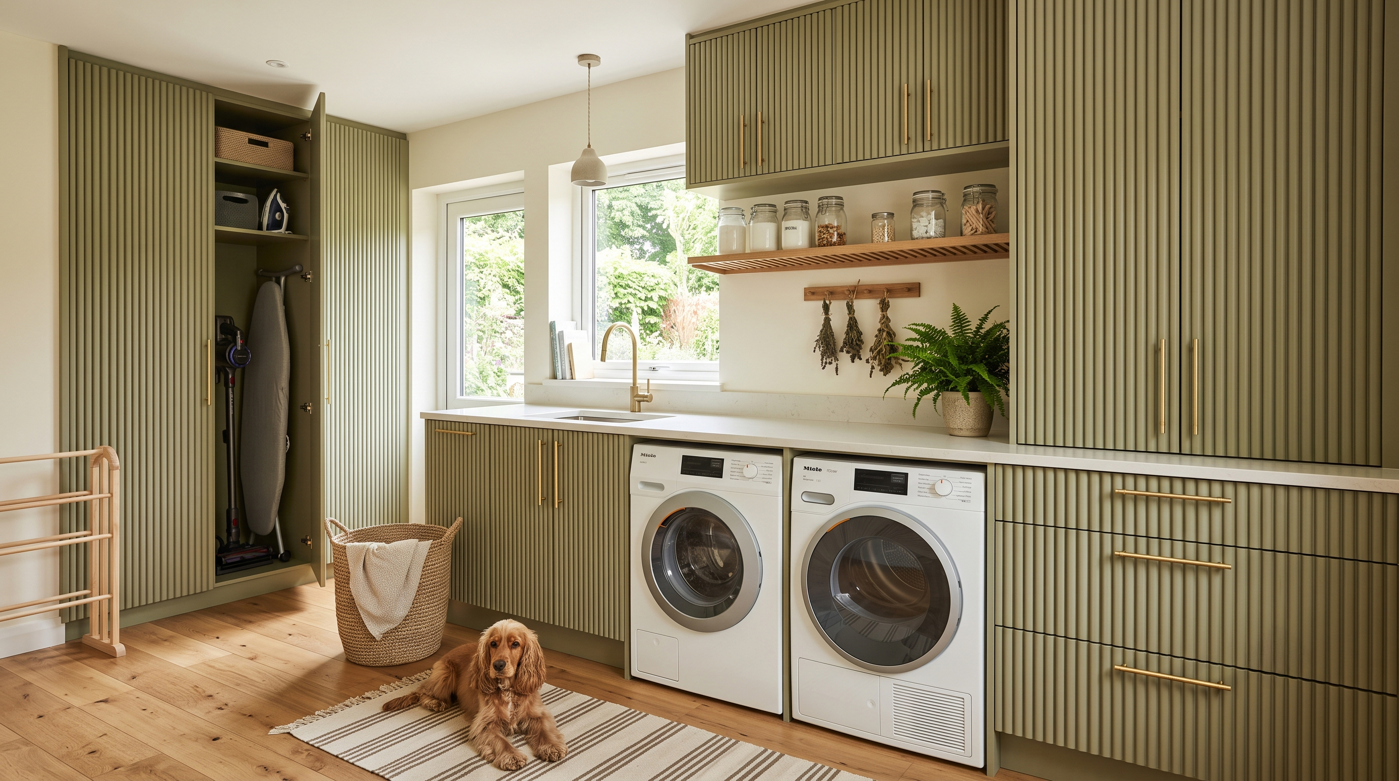 Brockenhurst utility room with sage fitted cabinets, laundry appliances, and a sink