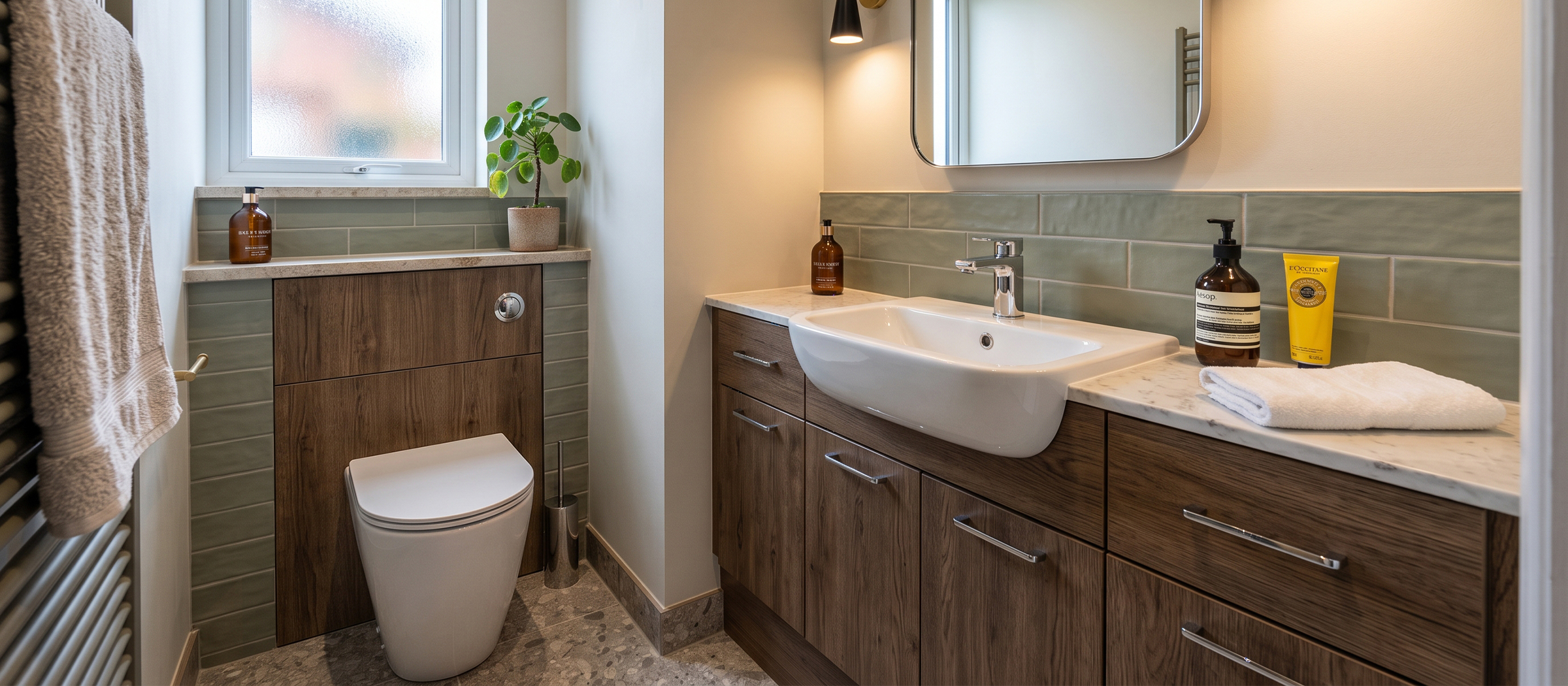 Wood-finish fitted bathroom vanity and matching WC cabinet with green tiled walls