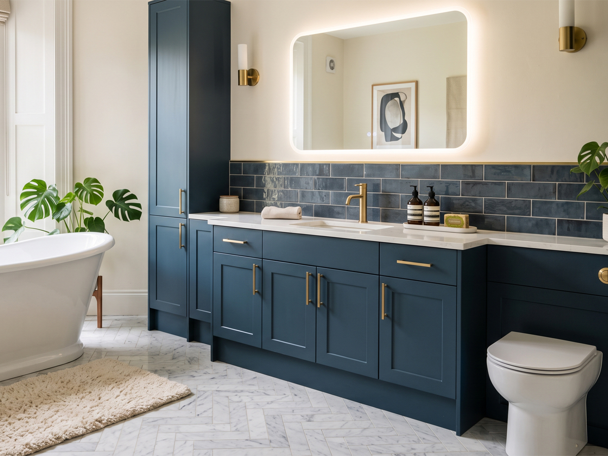 Oxford blue fitted bathroom vanity, tall storage cabinet and matching WC unit with brass handles and an illuminated mirror