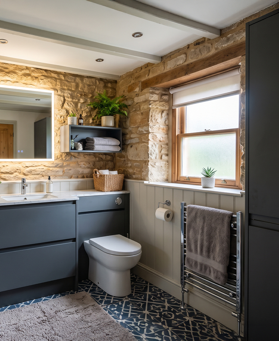 Selborne grey fitted bathroom vanity and matching WC cabinet with exposed stone walls, a window and a tall storage unit