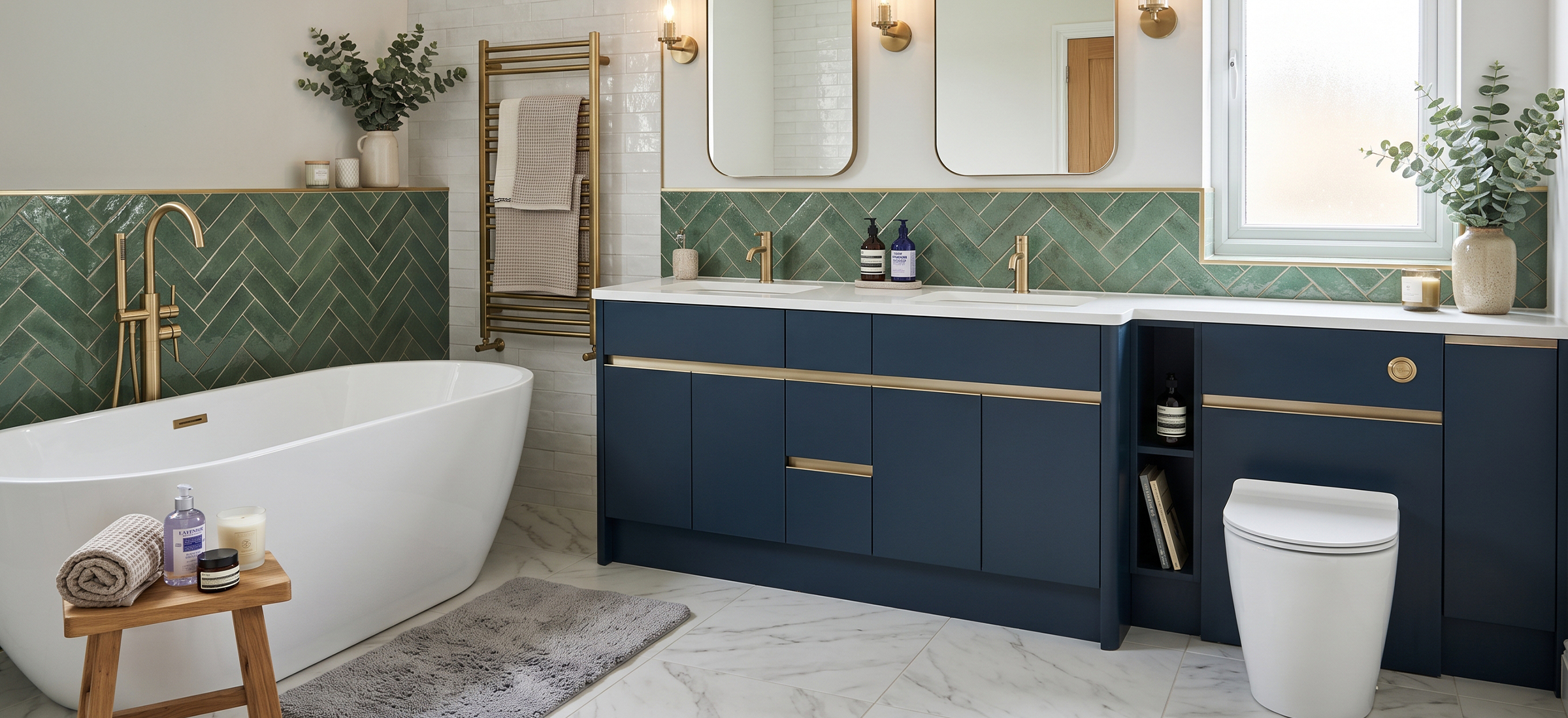 Blue fitted bathroom furniture with brass trim, twin basins, a matching WC cabinet and a freestanding bath